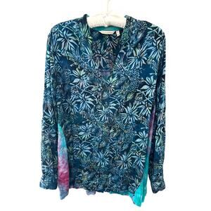 SOFT SURROUNDINGS | Tie Dye Floral Blouse Teal Blue Button Front Shirt | Medium